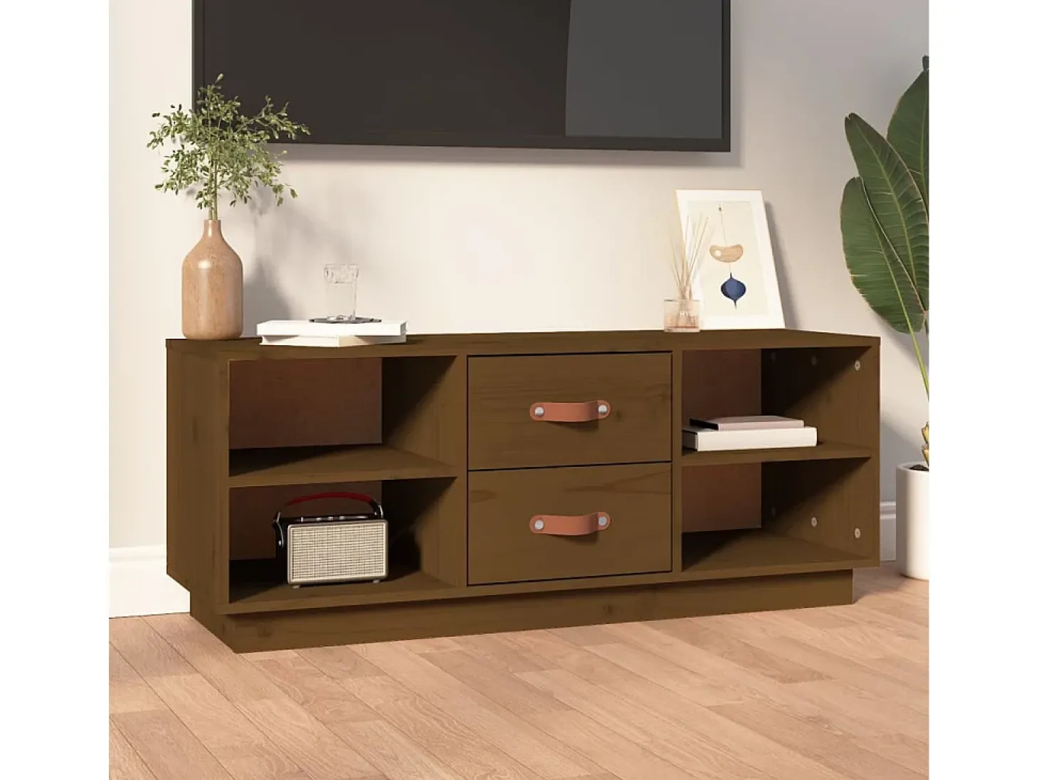 Malindra Mueble de TV madera maciza de pino marrón miel 100x34x40 cm