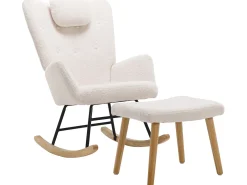 Mecedora - sillón relax para salón - acolchado con felpa Teddy - con reposacabezas y reposapiés - base de madera - blanco