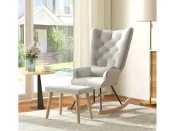 Mecedora con puf, sillón relax con cojín, efecto terciopelo, sillón esquinero con patas de madera, para dormitorio y salón, color crema (66x96x101 cm)