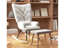 Mecedora con puf, sillón relax con cojín, efecto terciopelo, sillón esquinero con patas de madera, para dormitorio y salón, color crema (66x96x101 cm)