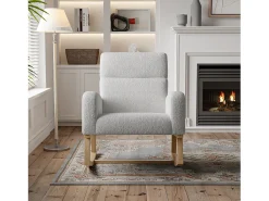 Mecedora con reposabrazos y respaldo inclinado - Patas de madera maciza - Gris claro