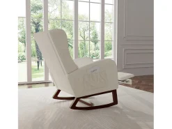 Mecedora con reposapiernas retráctil y respaldo alto de madera maciza - Mecedora para salón y dormitorio, carga hasta 150 kg - Beige