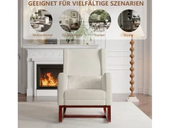 Mecedora con reposapiernas retráctil y respaldo alto de madera maciza - Mecedora para salón y dormitorio, carga hasta 150 kg - Beige