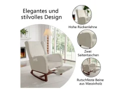 Mecedora con reposapiernas retráctil y respaldo alto de madera maciza - Mecedora para salón y dormitorio, carga hasta 150 kg - Beige