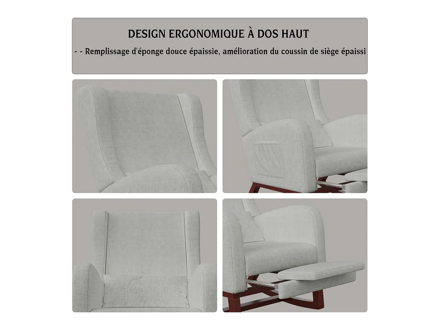 Mecedora con reposapiernas retráctil y respaldo alto de madera maciza - Mecedora para salón y dormitorio, carga hasta 150 kg - Gris