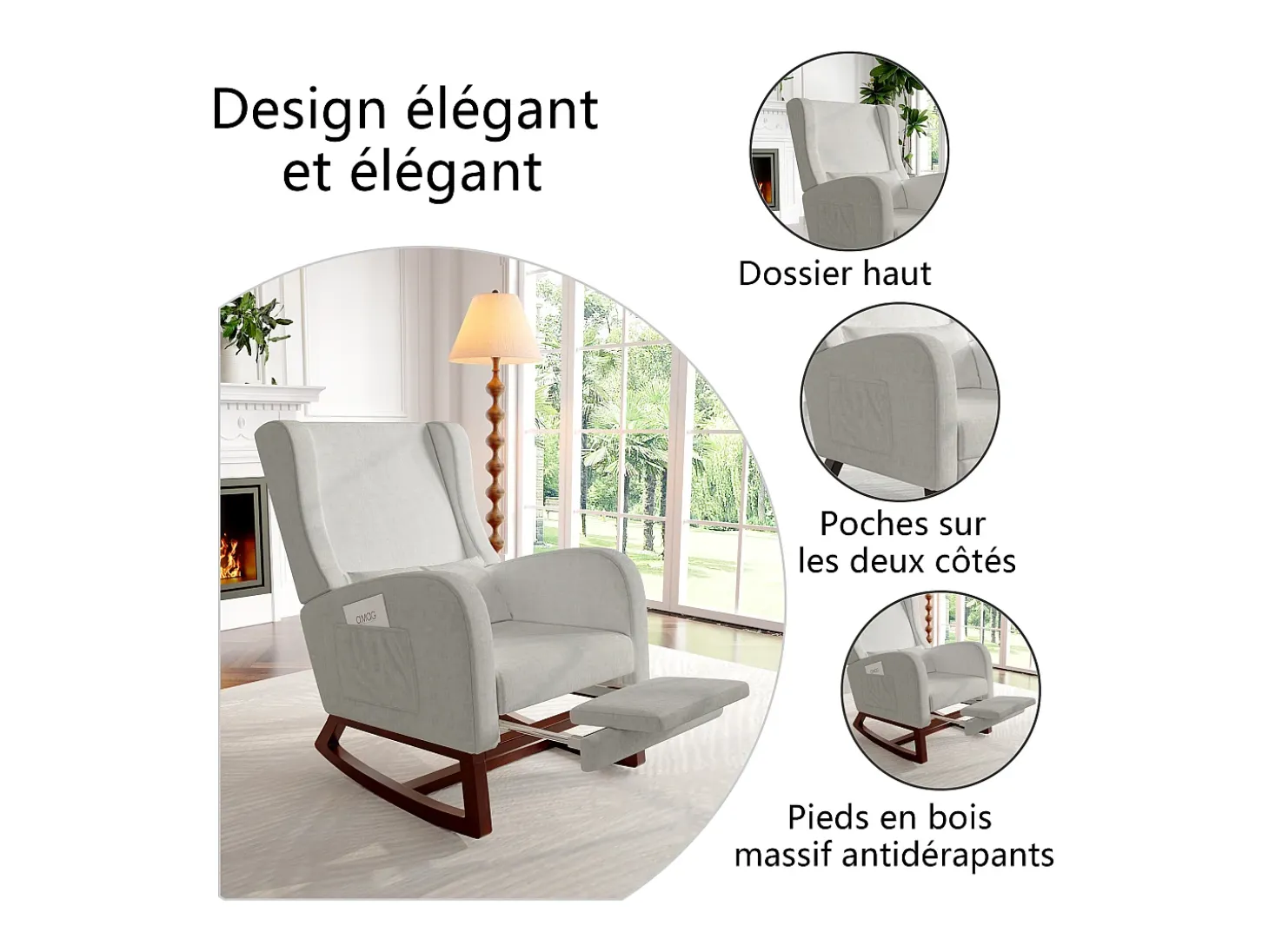 Mecedora con reposapiernas retráctil y respaldo alto de madera maciza - Mecedora para salón y dormitorio, carga hasta 150 kg - Gris