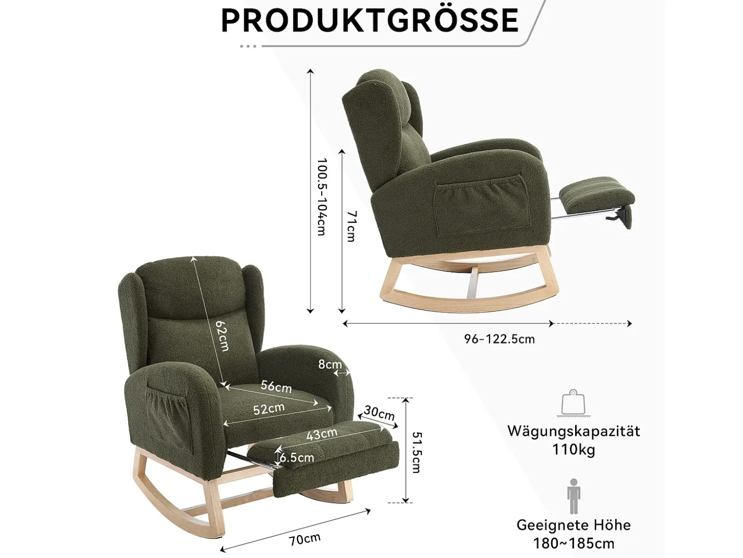 Mecedora con reposapiés ajustable, diseño ergonómico, tela peluche, verde (122,5x70x104cm)
