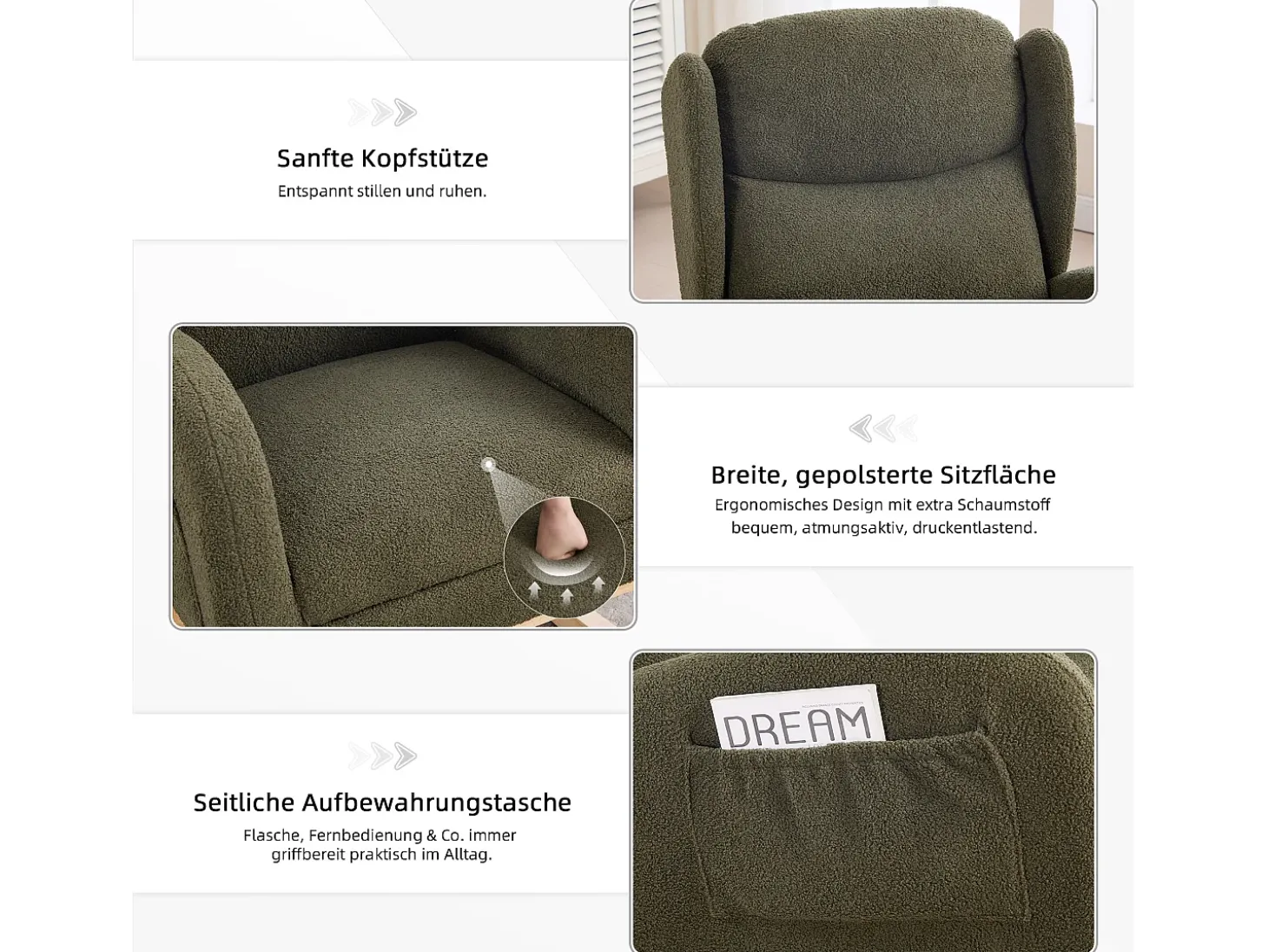 Mecedora con reposapiés ajustable, diseño ergonómico, tela peluche, verde (122,5x70x104cm)