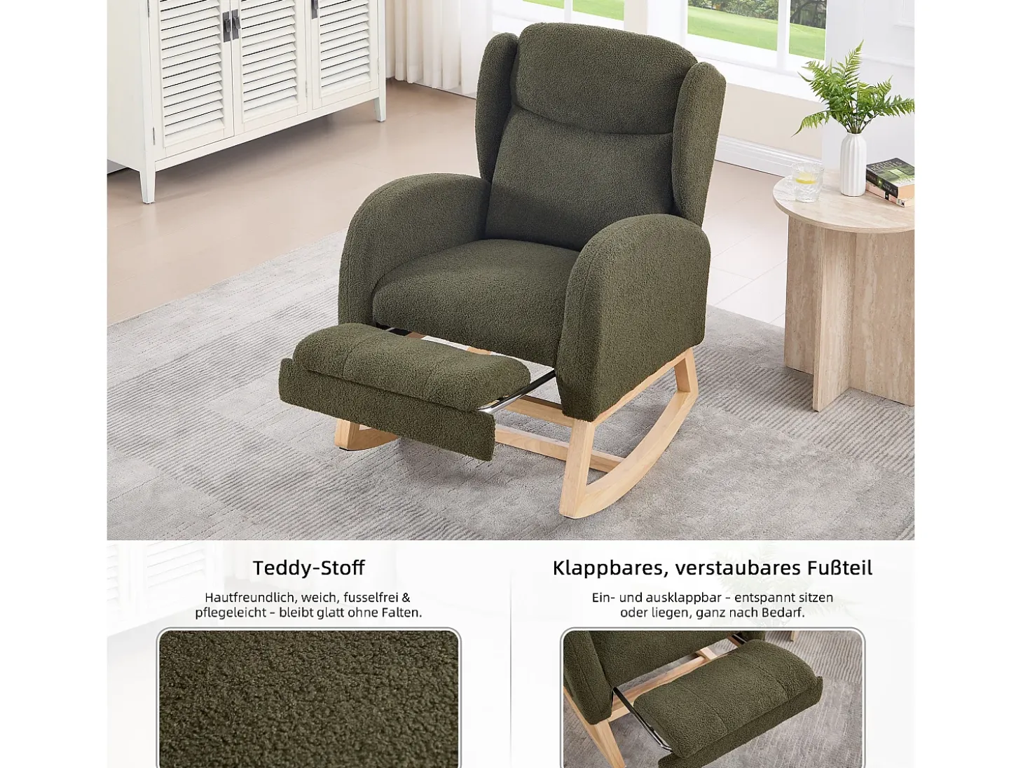 Mecedora con reposapiés ajustable, diseño ergonómico, tela peluche, verde (122,5x70x104cm)