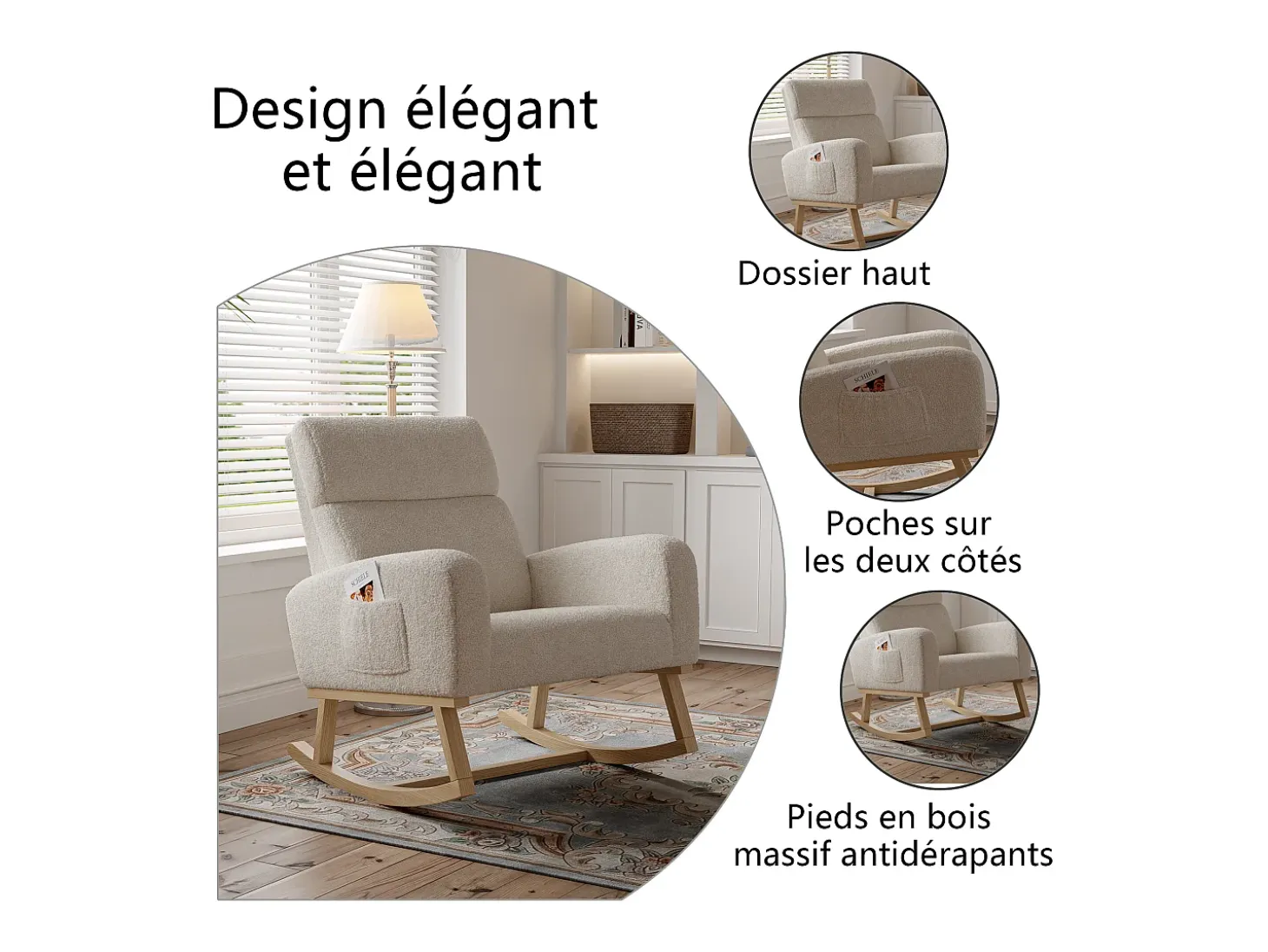 Mecedora con respaldo - bolsillos laterales - forro polar suave - Beige