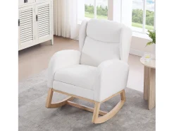 Mecedora de tela de peluche, diseño ergonómico con reposapiés ajustable, estructura de madera, color blanco (122,5 x 70 x 104 cm)