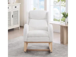 Mecedora de tela de peluche, diseño ergonómico con reposapiés ajustable, estructura de madera, color blanco (122,5 x 70 x 104 cm)