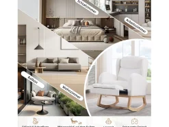 Mecedora de tela de peluche, diseño ergonómico con reposapiés ajustable, estructura de madera, color blanco (122,5 x 70 x 104 cm)