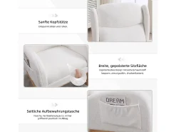 Mecedora de tela de peluche, diseño ergonómico con reposapiés ajustable, estructura de madera, color blanco (122,5 x 70 x 104 cm)