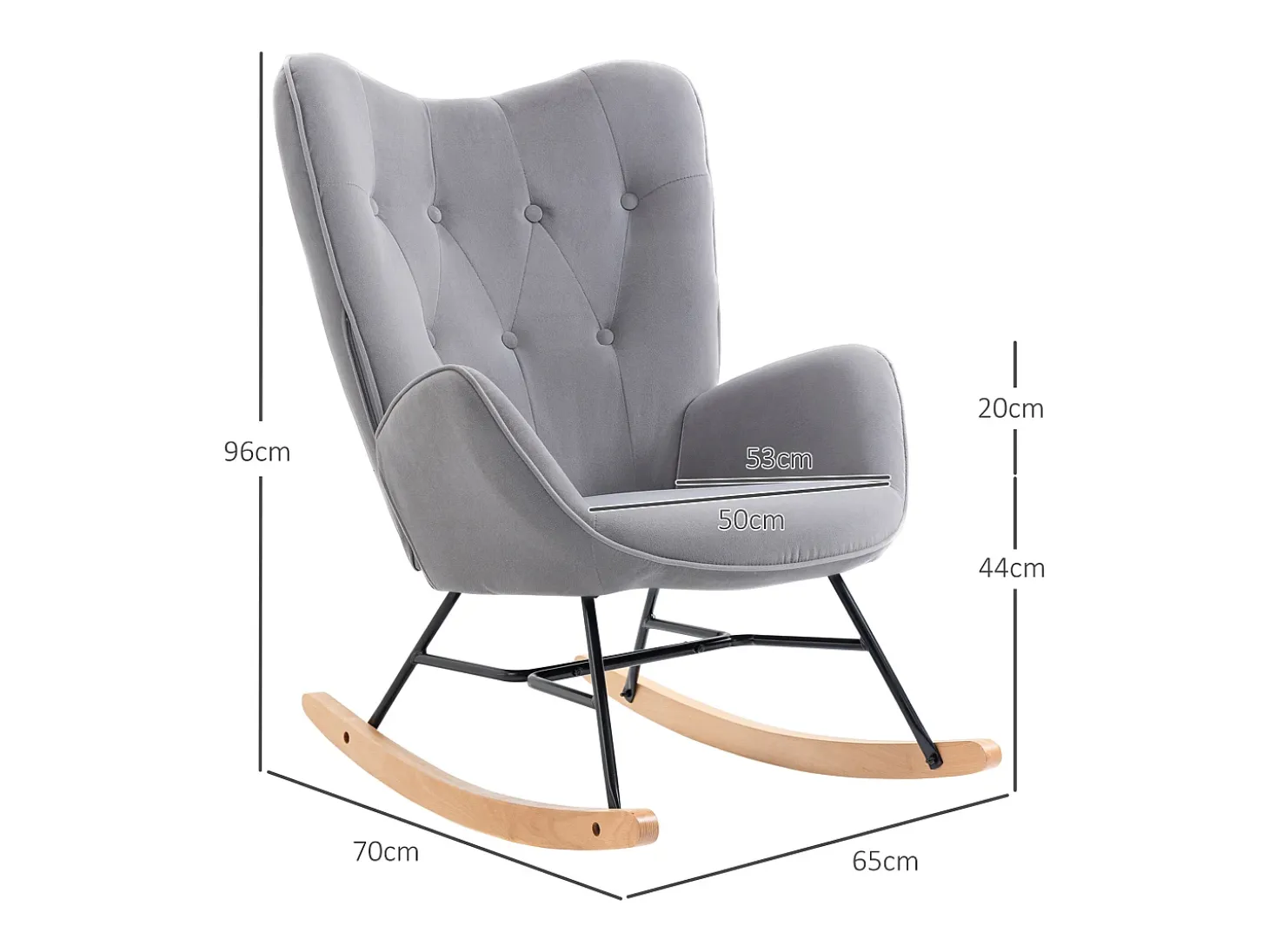 Mecedora ergonómica, tela de terciopelo, estructura de metal, gris claro (65x70x96 cm)