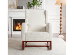 Mecedora, Mecedora con Reposapiés Retráctil, Mecedora de Madera Maciza con Respaldo Alto para Sala de Estar, Dormitorio, Hasta 150 kg - Beige