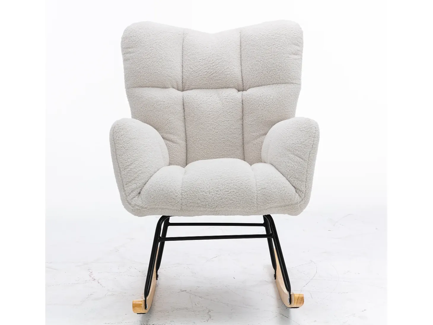Mecedora moderna de felpa blanca con reposabrazos y respaldo, ideal para salón y dormitorio