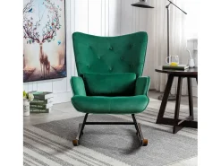 Mecedora moderna tapizada en terciopelo para sala de estar, con respaldo alto y patas de madera, color verde oscuro