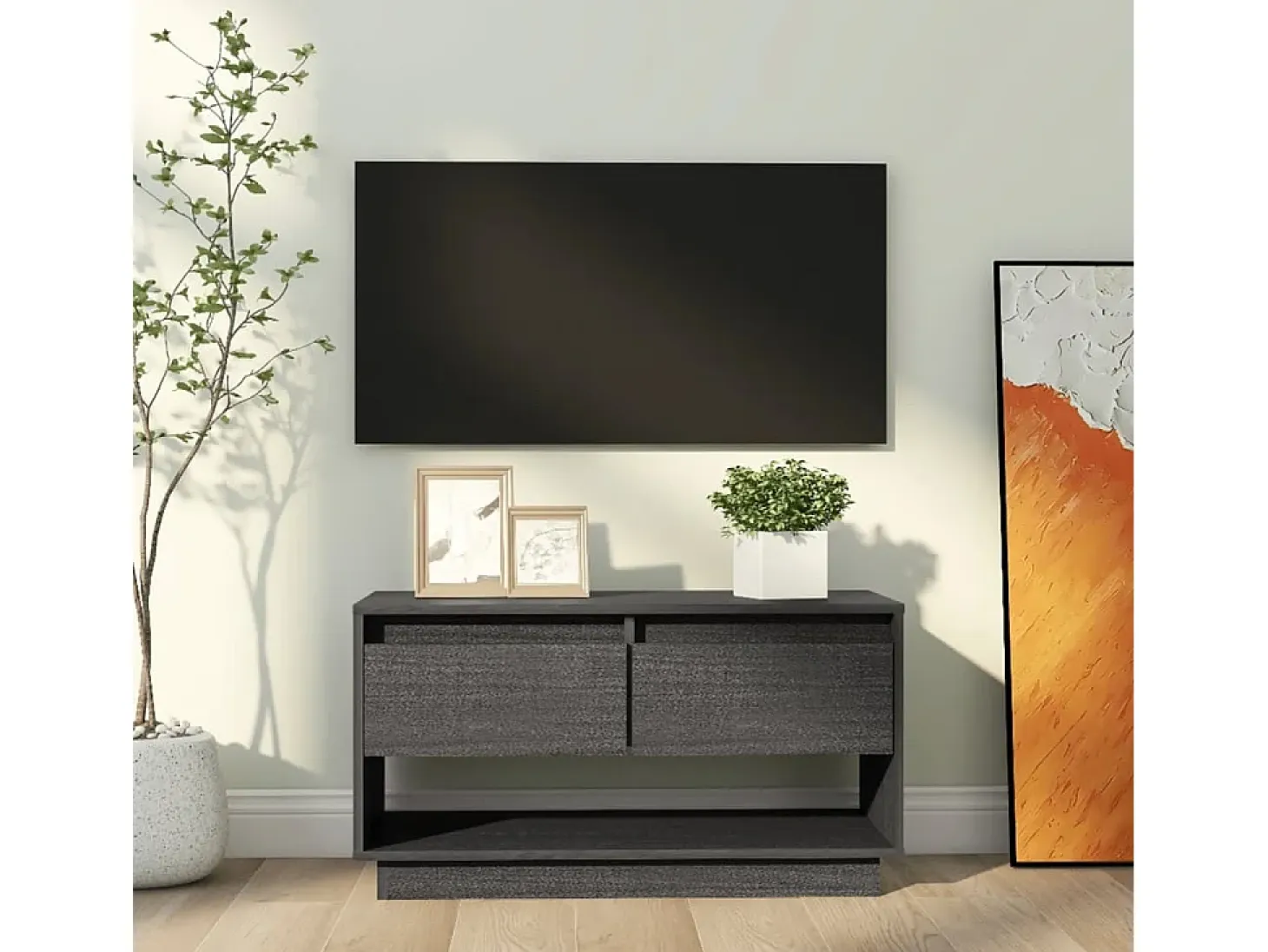 Megan Lynn Mueble de TV de madera maciza de pino gris 74x34x40 cm