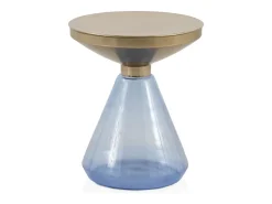 Mesa auxiliar con base de cristal azul y sobre de metal dorado