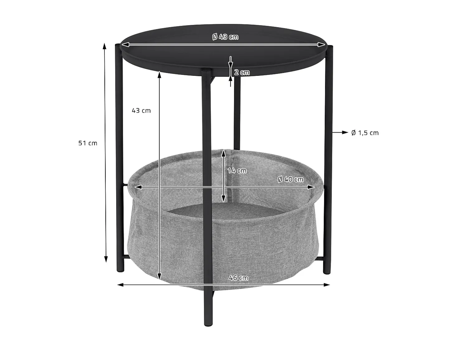 Mesa auxiliar con cesta Mesa de centro Mesa bandeja Mesa de sofá Metal Ø 43cm