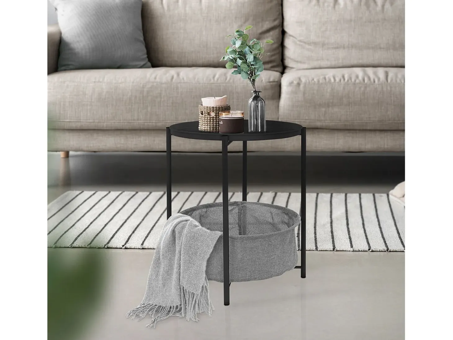 Mesa auxiliar con cesta Mesa de centro Mesa bandeja Mesa de sofá Metal Ø 43cm