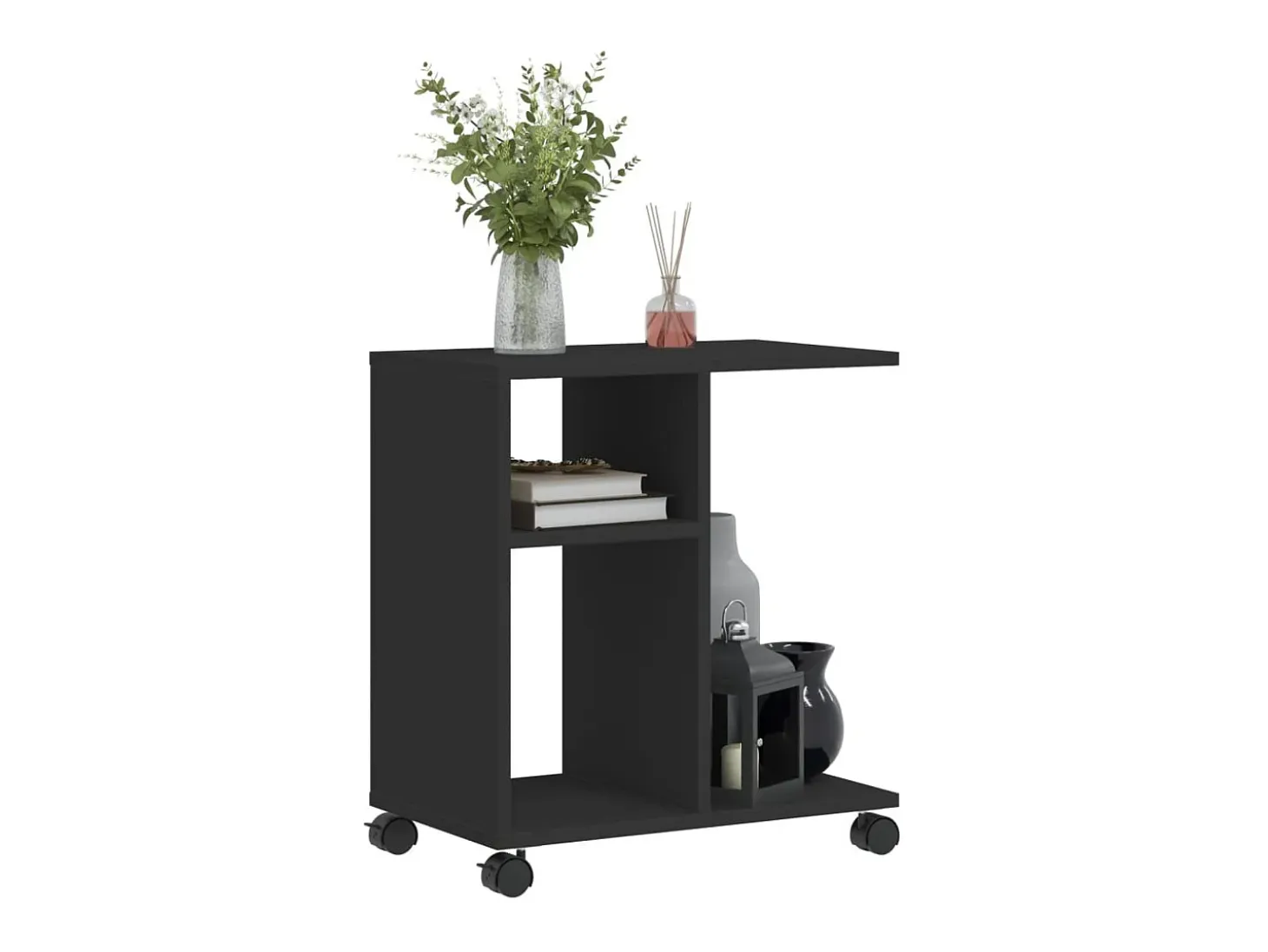 Mesa auxiliar con ruedas madera de ingeniería negra 50x30x55 cm