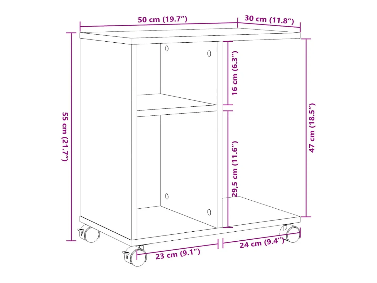 Mesa auxiliar con ruedas madera de ingeniería negra 50x30x55 cm