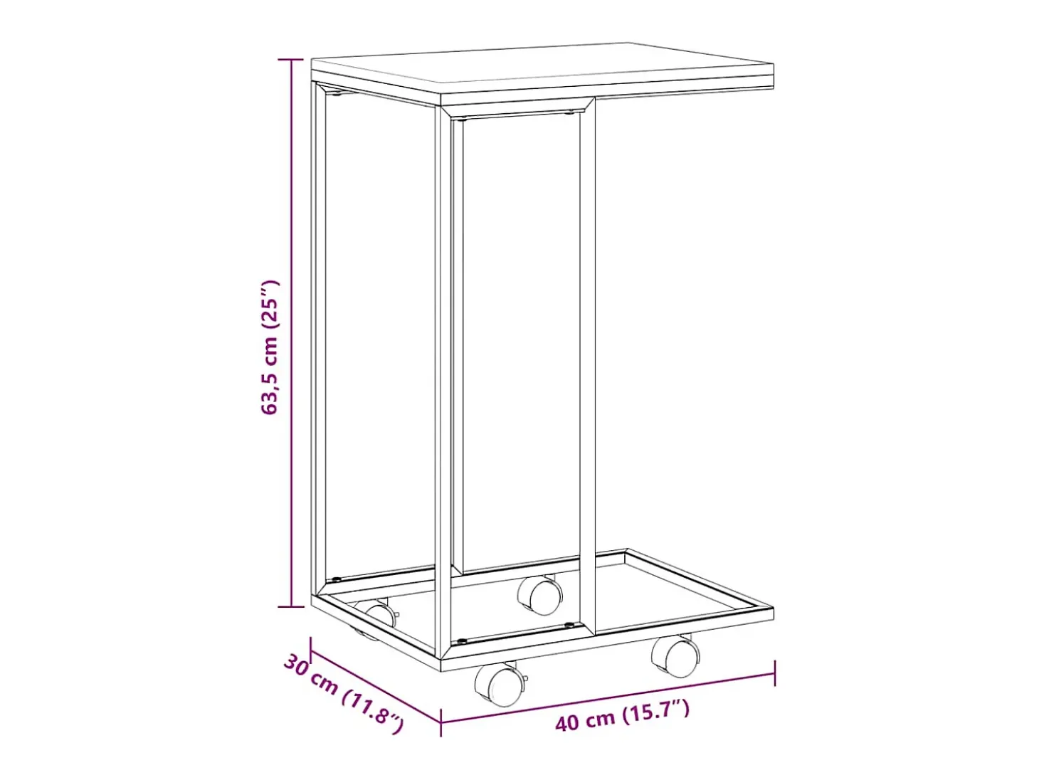 Mesa auxiliar con ruedas de contrachapado negro 40x30x63,5 cm