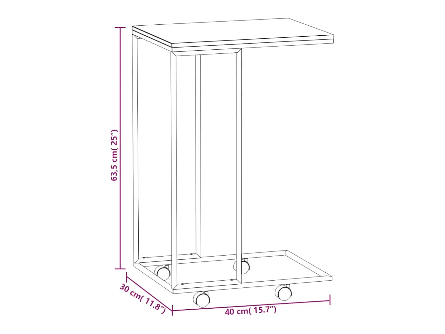 Mesa auxiliar con ruedas de contrachapado negro 40x30x63,5 cm
