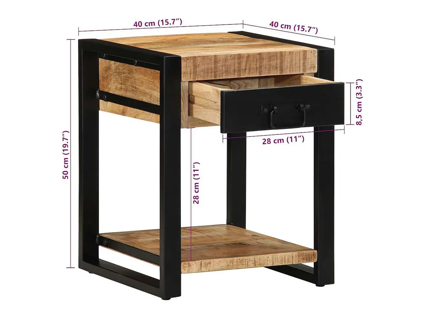 Mesa auxiliar madera maciza de mango rugosa 40x40x50 cm