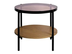 Mesa auxiliar redonda de cristal templado efecto madera y metal negro