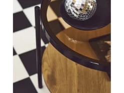 Mesa auxiliar redonda de cristal templado efecto madera y metal negro