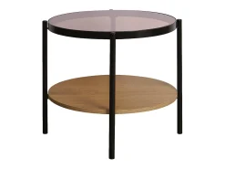 Mesa auxiliar redonda de cristal templado efecto madera y metal negro