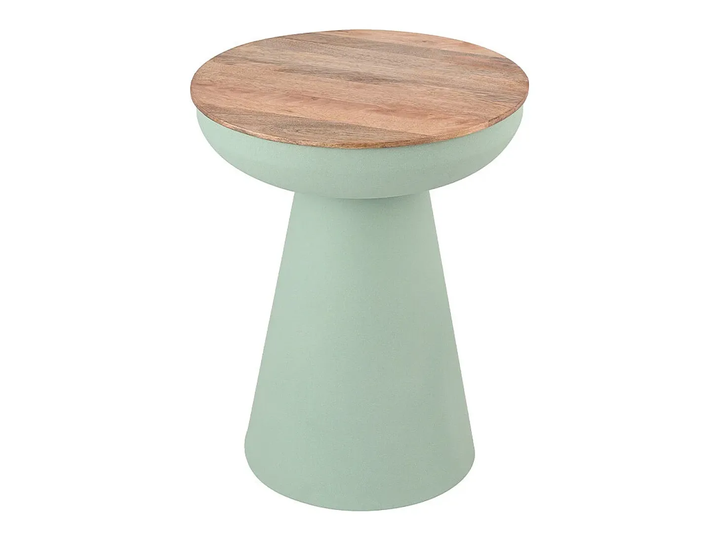 Mesa auxiliar redonda de diseño con almacenamiento en metal celadón y madera maciza de mango H52 cm TAM