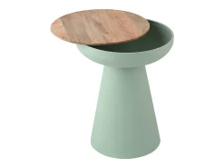 Mesa auxiliar redonda de diseño con almacenamiento en metal celadón y madera maciza de mango H52 cm TAM