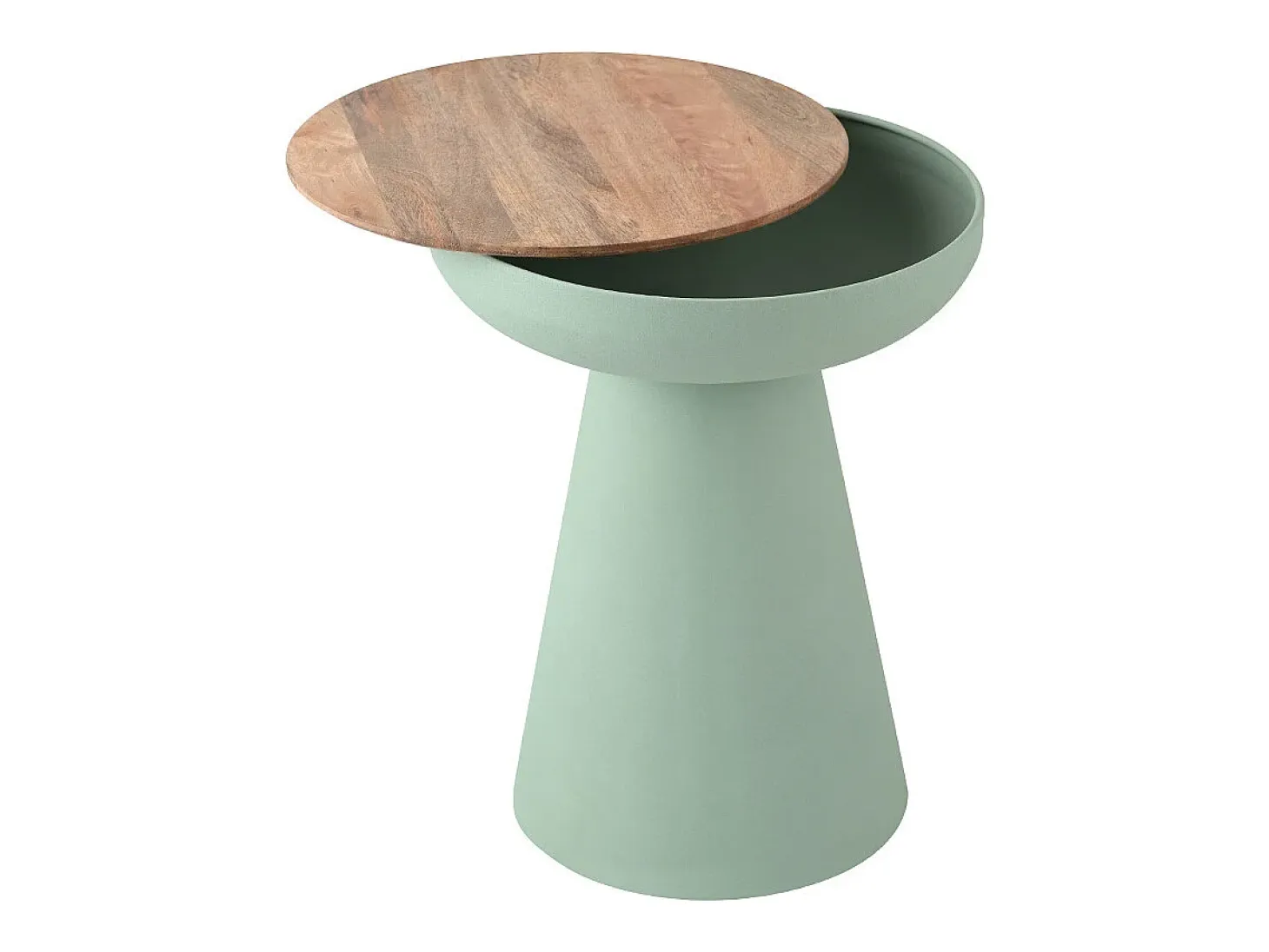 Mesa auxiliar redonda de diseño con almacenamiento en metal celadón y madera maciza de mango H52 cm TAM