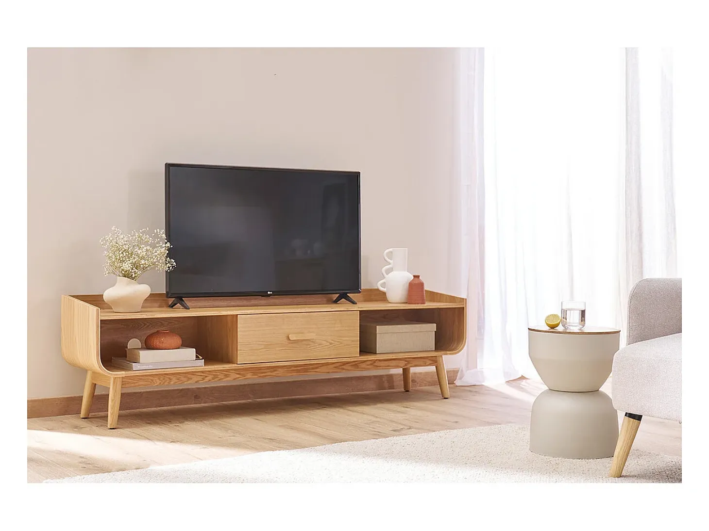 Mesa auxiliar redonda de diseño con almacenamiento en metal beige y madera maciza de mango Ø 30 cm YOYO