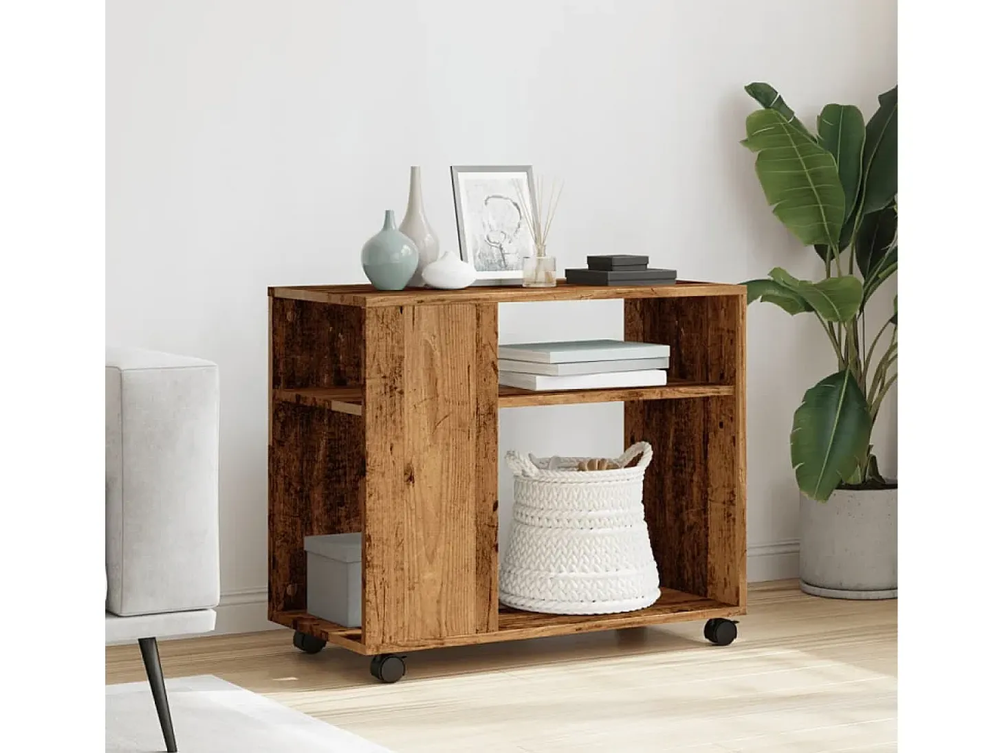 Mesa auxiliar rodante madera ingeniería envejecido 70x35x60 cm