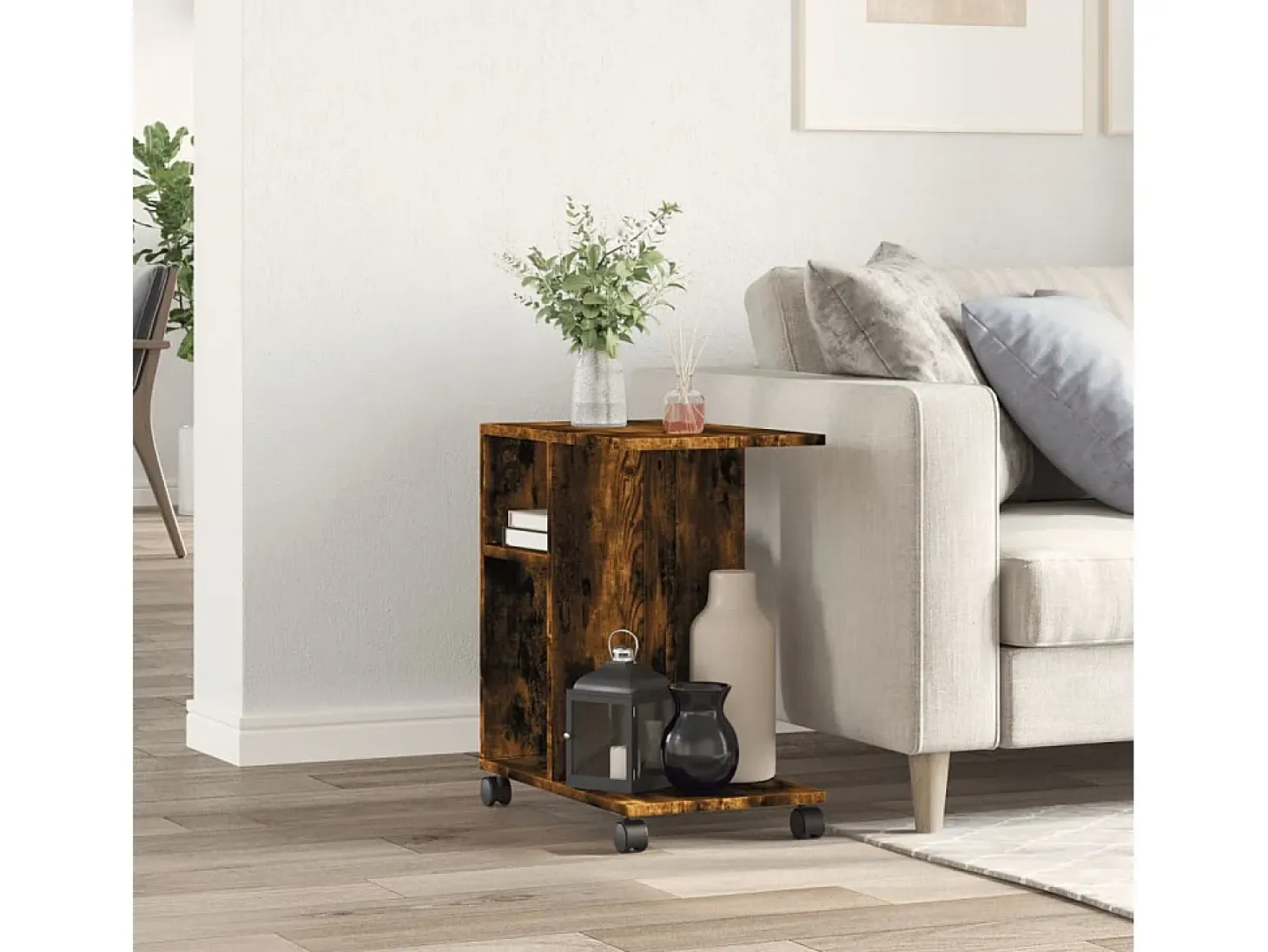Mesa auxiliar ruedas madera ingeniería roble ahumado 50x30x55cm ES925491