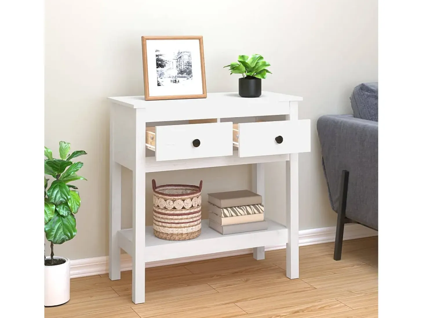 Mesa consola Blanca 75x35x75 cm Madera maciza de pino