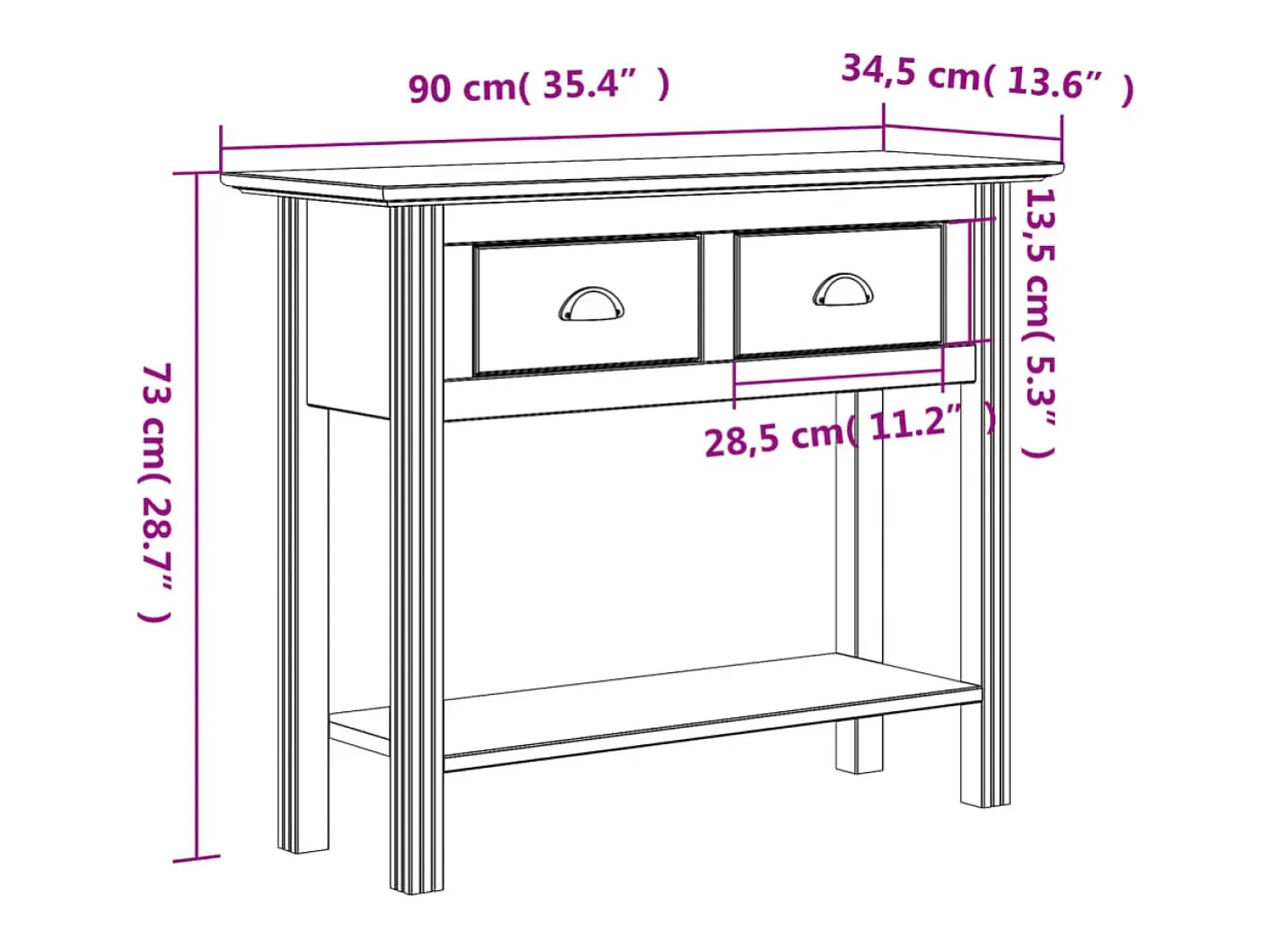 Mesa consola BODO madera maciza de pino blanco 90x34,5x73 cm