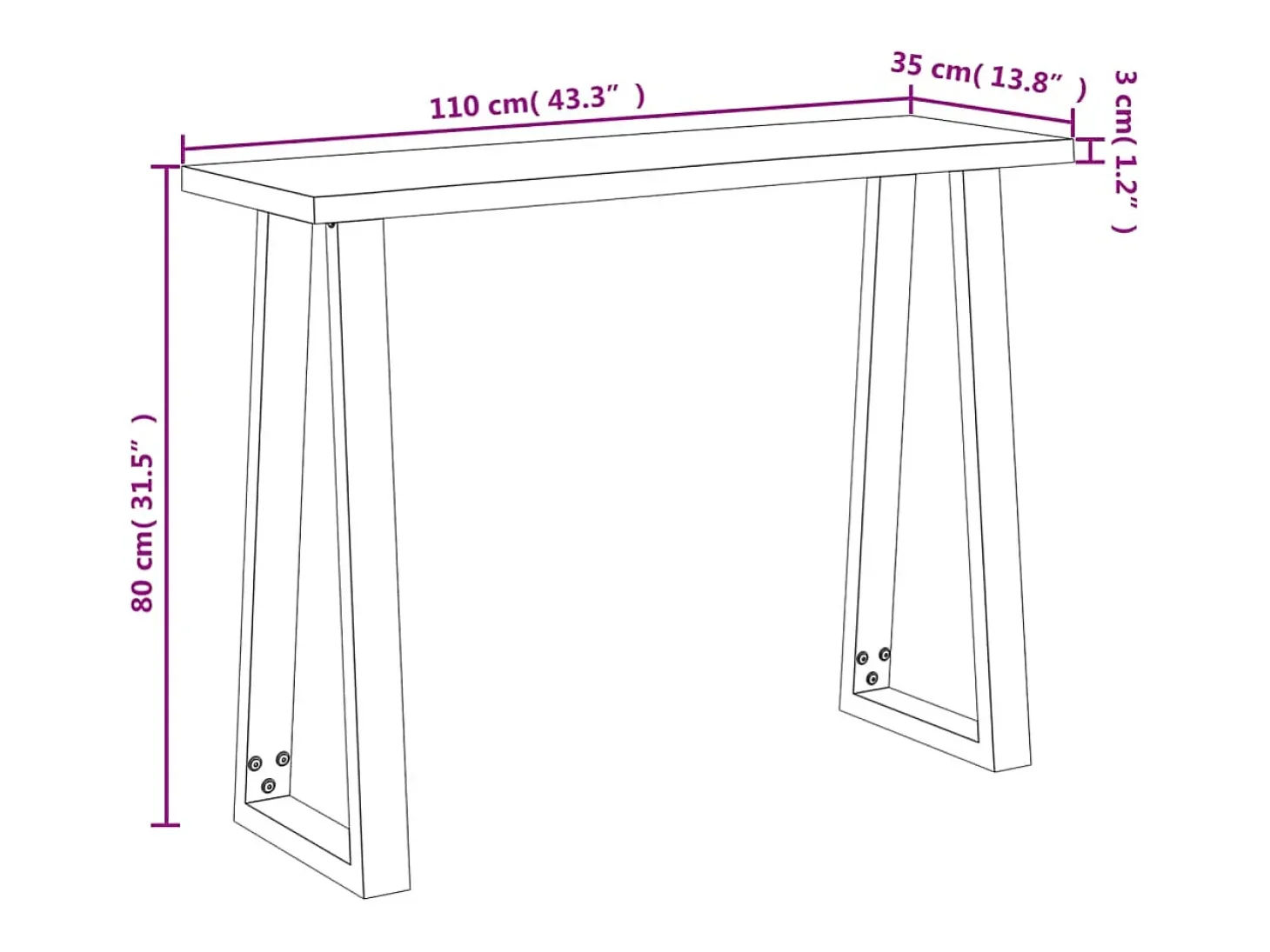 Mesa consola con borde vivo madera maciza acacia 110x35x80 cm