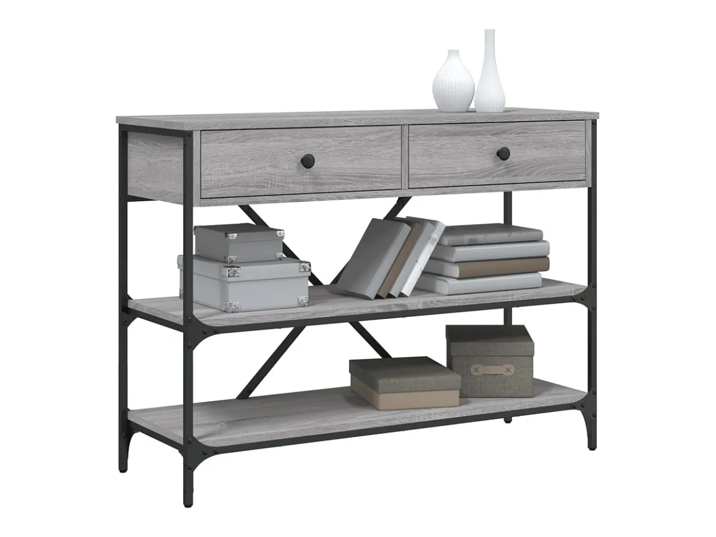 Mesa consola con cajones y estantes en madera de ingeniería gris