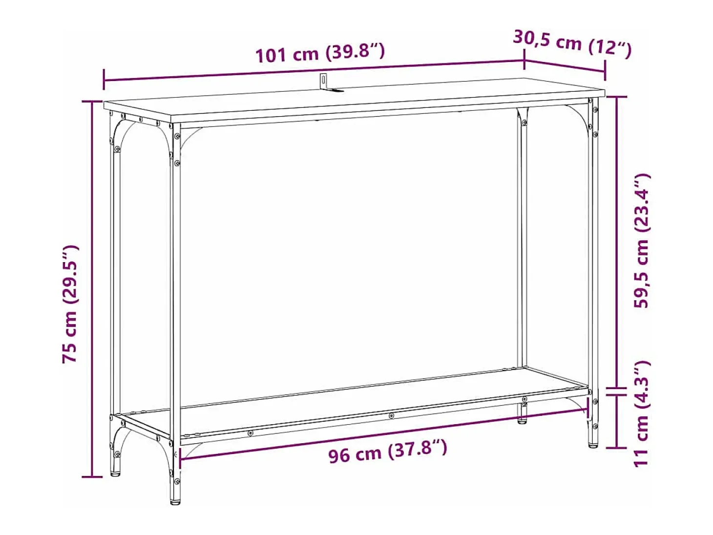 Mesa Consola con estante Roble negro 101 x 30.5 x 75 cm