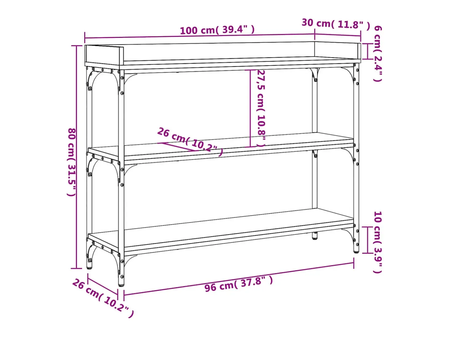 Mesa consola con estantes roble ahumado 100x30x80 cm