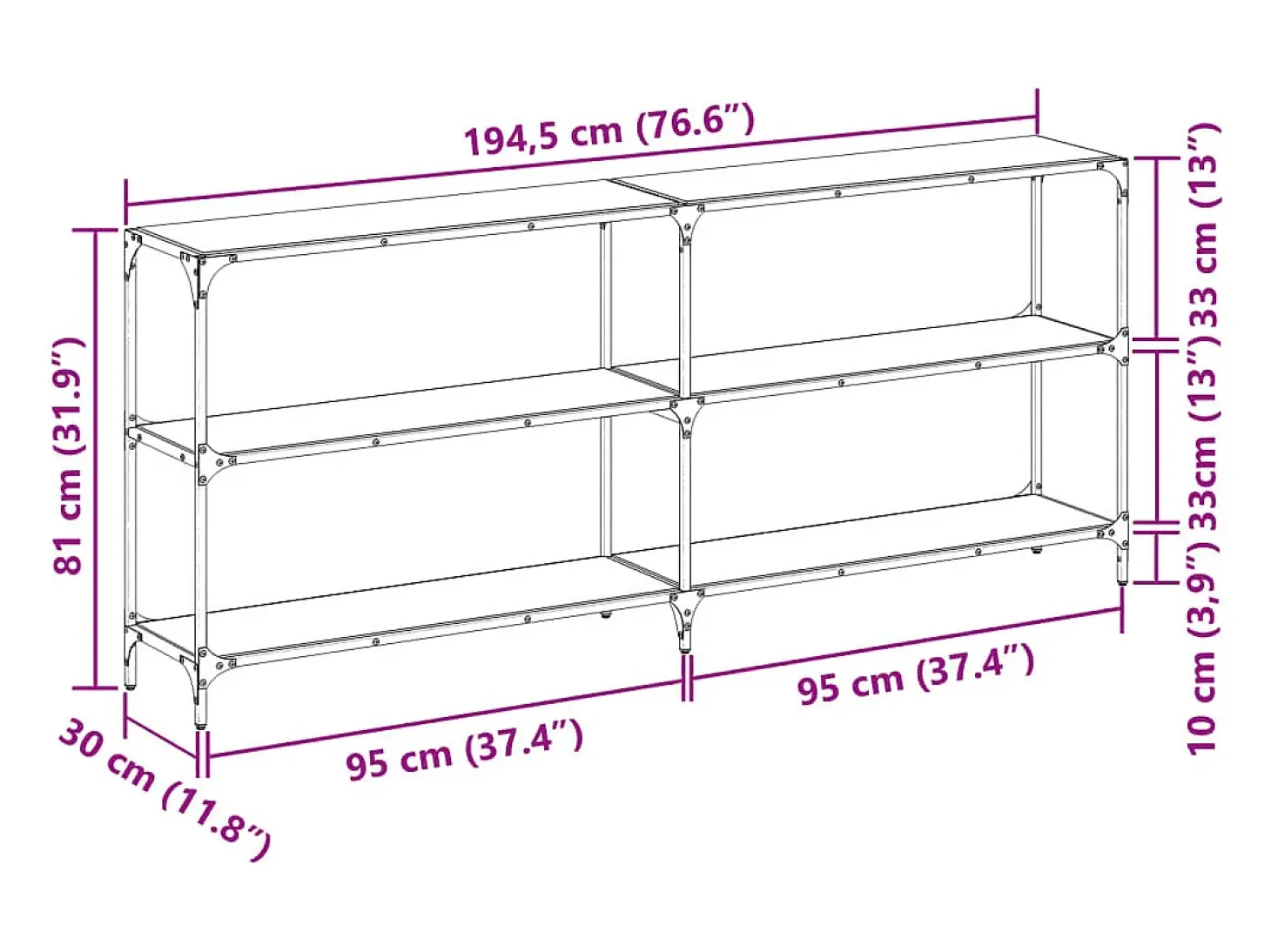 Mesa consola con superficie de vidrio negro acero 194,5x30x81cm