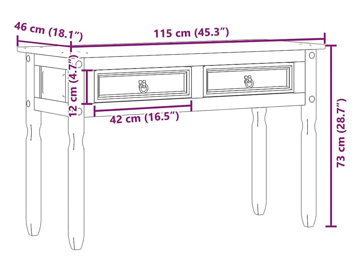 Mesa consola Corona madera maciza de pino 115x46x73 cm