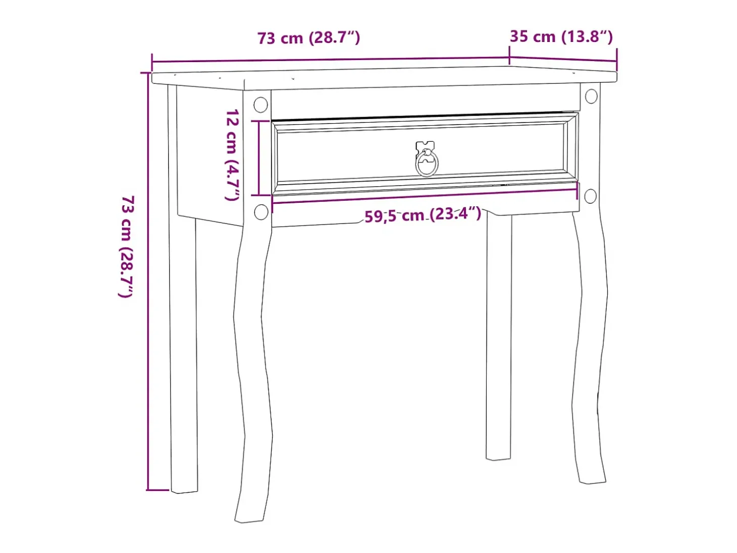 Mesa consola Corona 73x35x73 cm madera maciza de pino