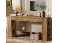 Mesa consola de 160 cm de largo, mesa de entrada estilo granja con 2 cajones y patas en forma de X